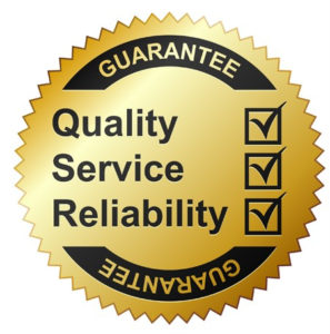 A gold seal with the words quality, service and reliability written on it.