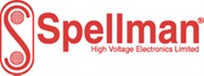 A red and white logo for spellman high voltage equipment.